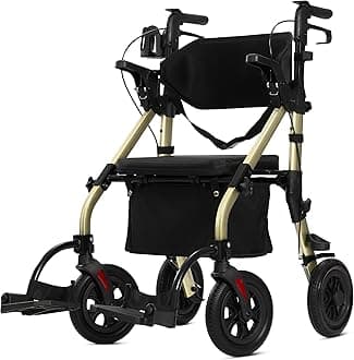 All Terrain Rollator Walker Transport Wheelchair Combo, 2 in 1 Rolling Walker with Padded Seat and Wide Backrest, Champagne