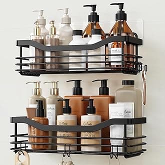 Shower Caddy Basket Shelf Storage Rack, No Drilling Wall Mounted Adhesive Rust Resistant Stainless Steel Shower Organizer with 5 Hooks for Bathroom, Black 2 Pack