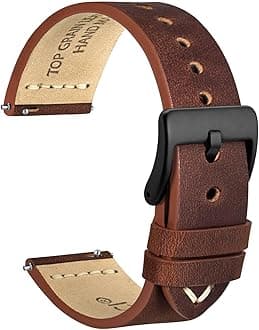 WOCCI 24mm Old-fashioned Watch Band for Men, Top Grain Leather, Black Matte Buckle (Pecan Brown)