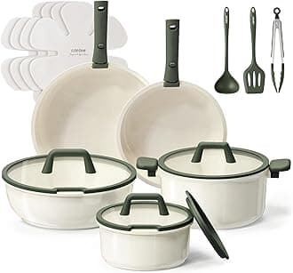 CAROTE18pcs Ceramic Cookware Set, Pots and Pans Set, Induction Nonstick Kitchen,Non Stick RV Cookware Set with Detachable Handle, Dishwasher/Oven Safe, GreenRecycled Claim Standard Blended
