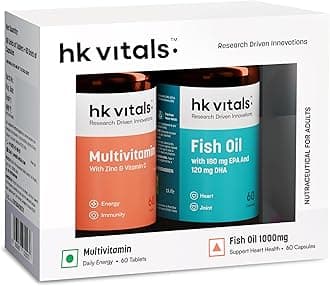 HealthKart HK Vitals Fish Oil and Multivitamin Combo, 60 Omega 3 Fish Oil Capsules (1000 mg Omega 3 with 180 mg EPA & 120 mg DHA) & 60 Multivitamin Tablets | Enhances Energy, Immunity & Joints Health