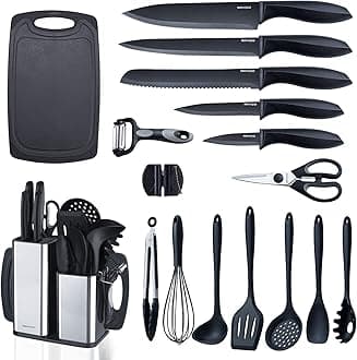 Kitchen Utensils Set For Cooking-7 Cooking Utensils,5 Kitchen Utensils,6 Knife set,utensilios de cocina(18-in-1) (Black)