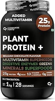 Carbamide Forte Plant Protein Powder For Men - Plant Based Protein Powder with Multivitamin, Minerals, Superfoods, Pea Protein, Digestive Enzymes - Belgian Chocolate Flavour - 1kg