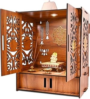 Wooden Temple Mandir for Home with Door Cabinets | Beautiful Pooja Unit with Storage Space | with LED Light and Wall Mounts | Elegant Pooja Mandir for Home Big Size(H-17.3, L-11, B-10.6 inch)