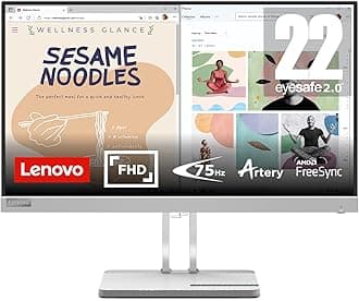 Lenovo L22e-40 Monitor, 21.45” FullHD Resolution, 250 nits Brightness, 75Hz Refresh Rate, AMD FreeSync, HDMI and VGA Ports, Tilt-Adjustable Stand, Natural Low Blue Light, Cloud Grey