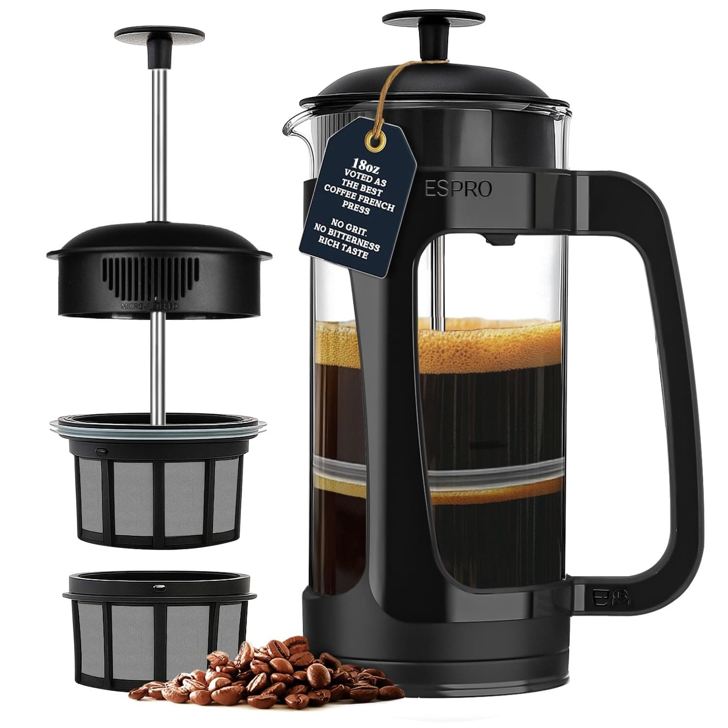 P3 French Press Coffee Maker – Patented Double Micro-Filter for Grit-Free Brew, Heat Resistant thicker Borosilicate Glass Coffee press – (18 oz)