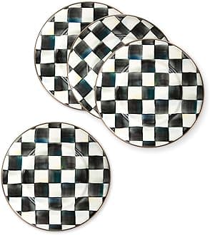 MACKENZIE-CHILDS Enamel Salad and Dessert Plate, Small Plate for a Dessert or Appetizer Dish, 8 Inches, Set of 4, Black-and-White Courtly Check
