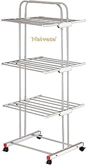 Naivete Stainless Steel Folding Extra Large 3 Tier Bedroom Outdoor Clothes Drying Rack Airer Laundry Dryer Rack Floor Standing Clothes Hangers with Wheels Cloth Shoes Hanger