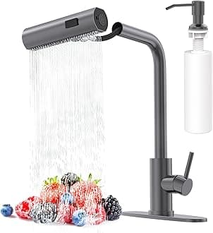 Waterfall Kitchen Faucets with Pull Down Sprayer & Soap Dispenser, Single Hole, Single Handle, Pull Out Tap, Stainless Steel Sink Faucet in Gray, Suitable for Farmhouse Camper Laundry Rv Bar