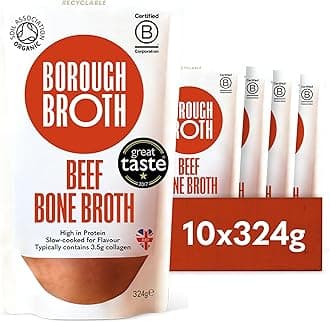 Organic Beef Bone Broth by Borough Broth - High in Collagen for Healthy Skin & Joints - High Protein & Low Calorie - Gluten Free - Grass Fed - Perfect for Gravy & Soups - Delivered Chilled - 10 x 324g