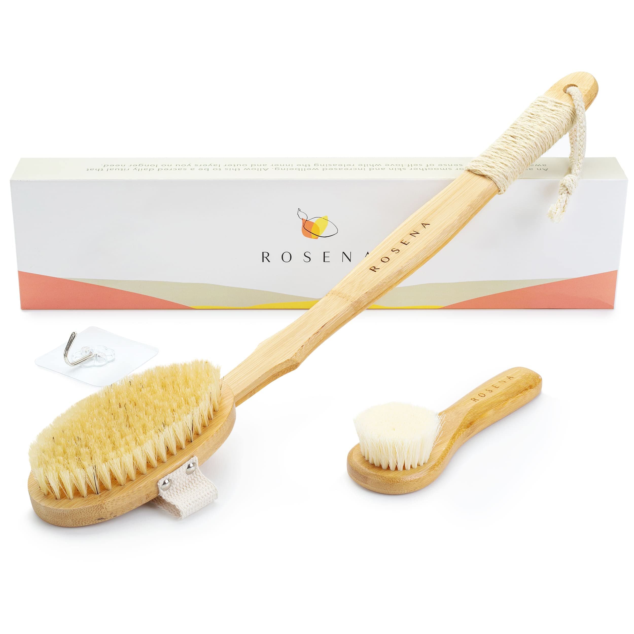 Dry Body Brush Set – Natural Boar Bristle Body Brush & Soft Facial Brush with Bamboo Handle – Exfoliating Lymphatic Brushing Kit with Hook