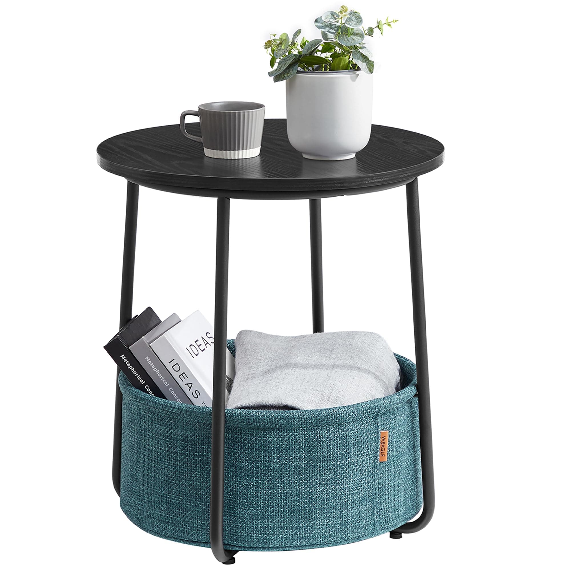 VASAGLE Small Round Side End Table, Modern Nightstand with Fabric Basket, Ebony Black and Turquoise Blue ULET223B56