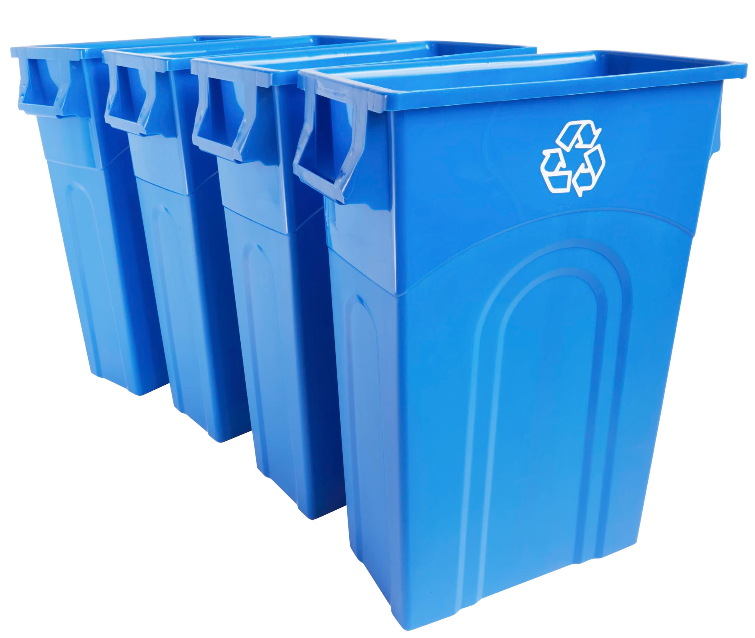 Highboy Recycling Bin, 23 Gallon, Space Saving Slim Profile and Simple Bag Removal, Indoor or Outdoor Use, Integrated Handles for Easy Carrying, 4-Pack, Plastic, Recycle Blue