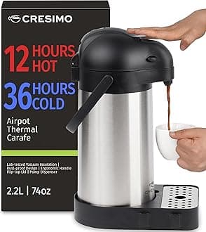 Coffee Carafe with Pump & Drip Tray - 74oz / 2.2L, 12 Hours, Thermal Carafe for Hot Liquids, Water Dispenser, Airpot Coffee Dispenser with Pump, Insulated Air Pot, Large Carafe for Hot Drinks