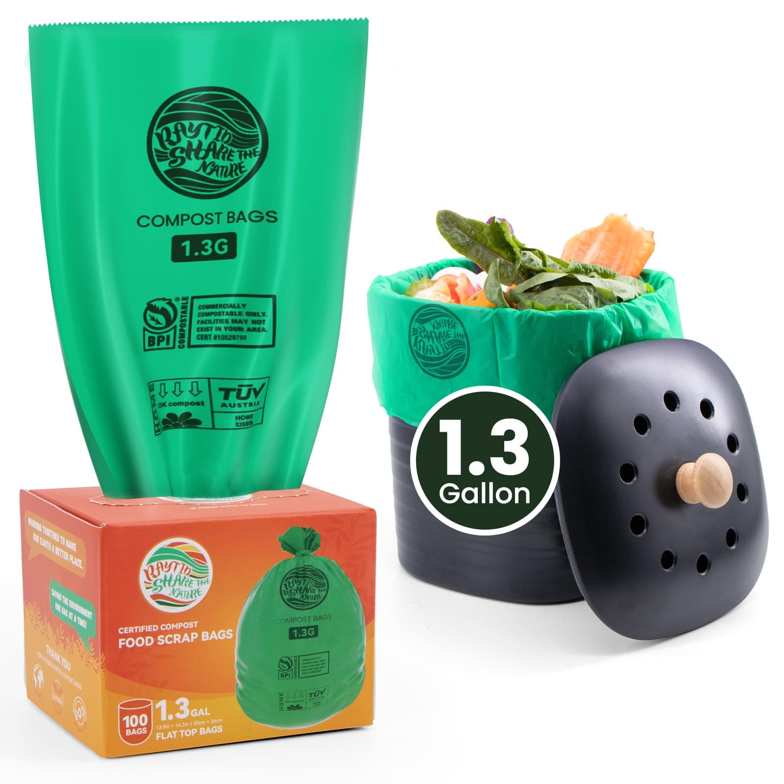 Compost Bags 1.3 Gallon,100 Count,Compostable Small Trash Bags for Kitchen Countertop Compost Bin 0.75, 1,1.2, 1.3Gallon,ASTM D6400, US BPI and Europe OK compost HOME certified