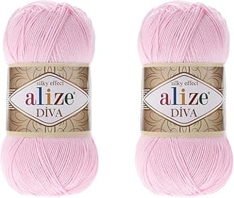 Alize Diva Hand Knitting Yarn - 100% Microfiber Acrylic With Silk Effect - Crochet Art Lace Craft - 2 Skeins, 200gr, 767 Yds (185-Baby Pink)