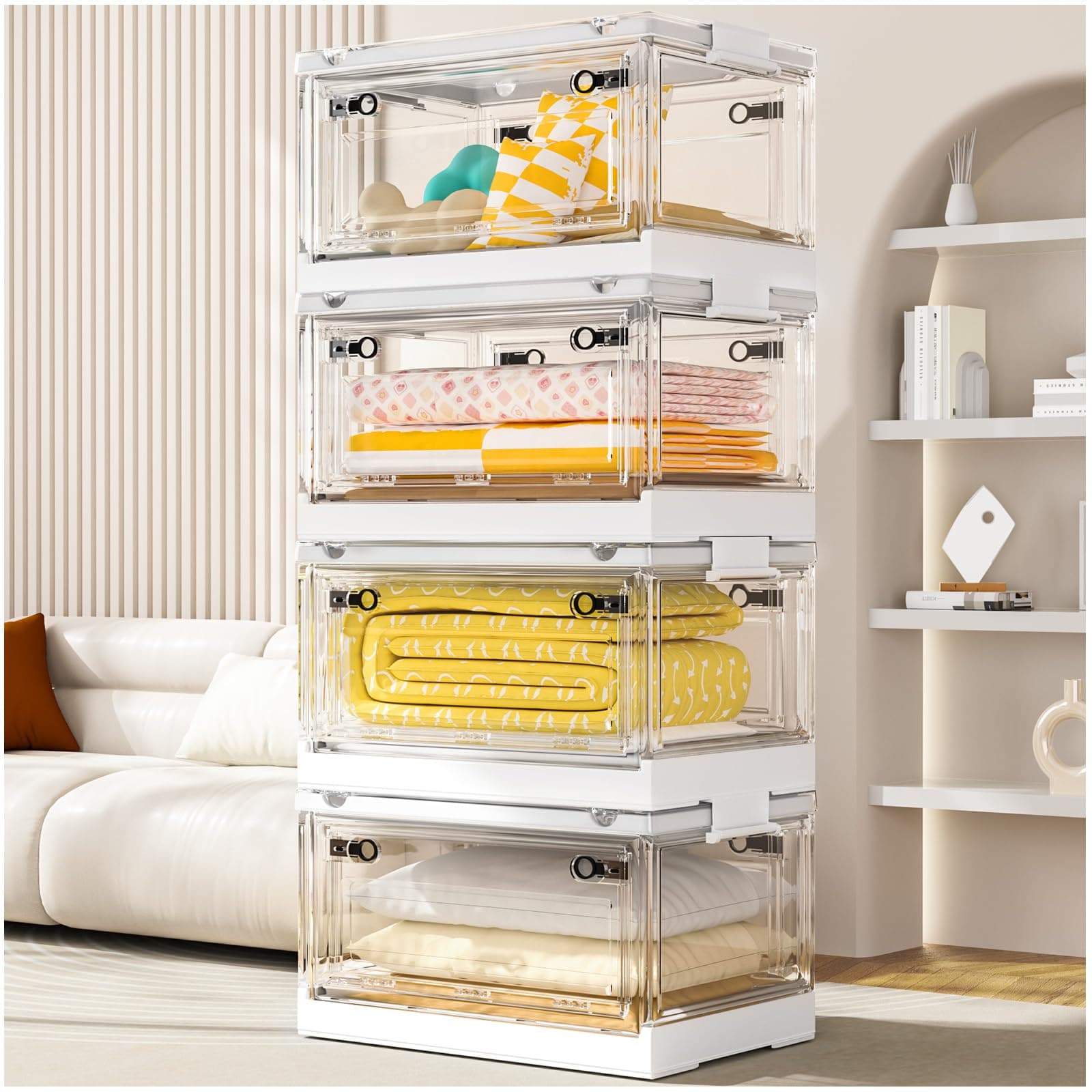 CTSNSLH 4 Tier 48QT Storage Bins with Lids, Clear Stackable Storage Bins with Wheeled and Doors, Storage Boxes, Storage Containers, Closet Organizers and Storage