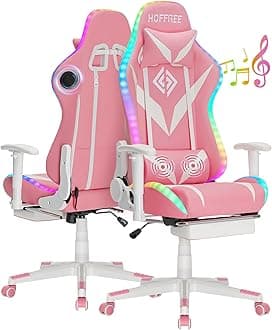 HOFFREE Gaming Chair with Bluetooth Speakers and Led Lights Massage Video Game Chair with Footrest Reclining High Back Computer Gamer Chair for Girls Pink and White