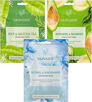 Serum Sheet Mask for Glowing Skin with Hyaluronic Acid | Face Mask Sheets Combo for | Hydrating | Tan & Blackheads Removal | Instant Brightening | Pore Reduction | Fairness | Skin Tightening (3, Rice & Matcha Tea | Avocado & Sea Weed | Retinol & Niacinamide)