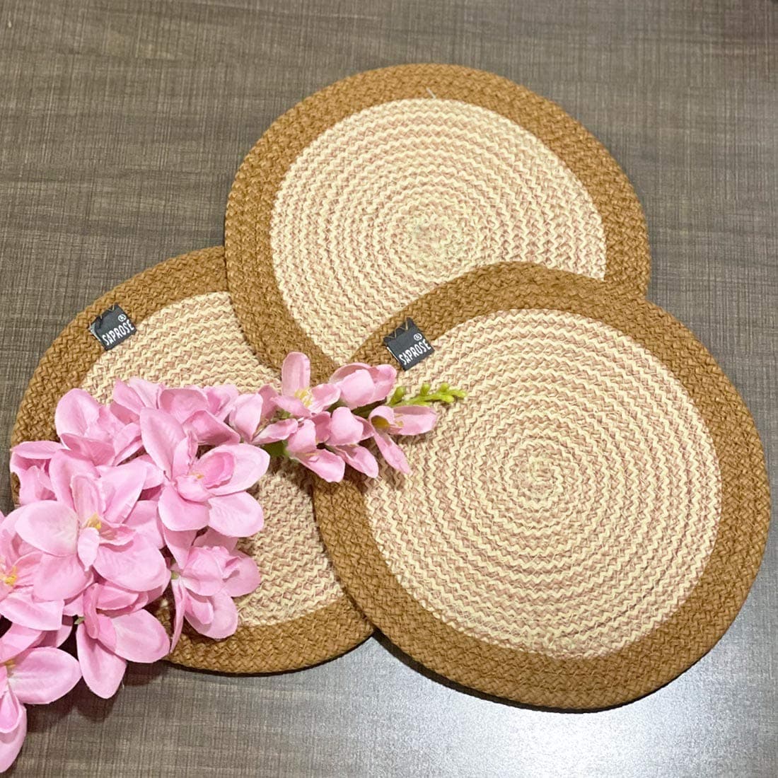 Polypropylene Round Trivet (3 PCS Set, Size: 23 cm) Pot MAT, Side Table Mat, Machine Washable Small Place Mat for Casserole for Dining Table (9" Dia, Golden Brown)