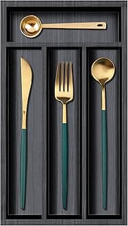 Ayiaren Narrow Wooden Silverware Organizer, 12" x 6.7", Black, 4 Compartments, Compact, Bamboo Cutlery Drawer Organizer