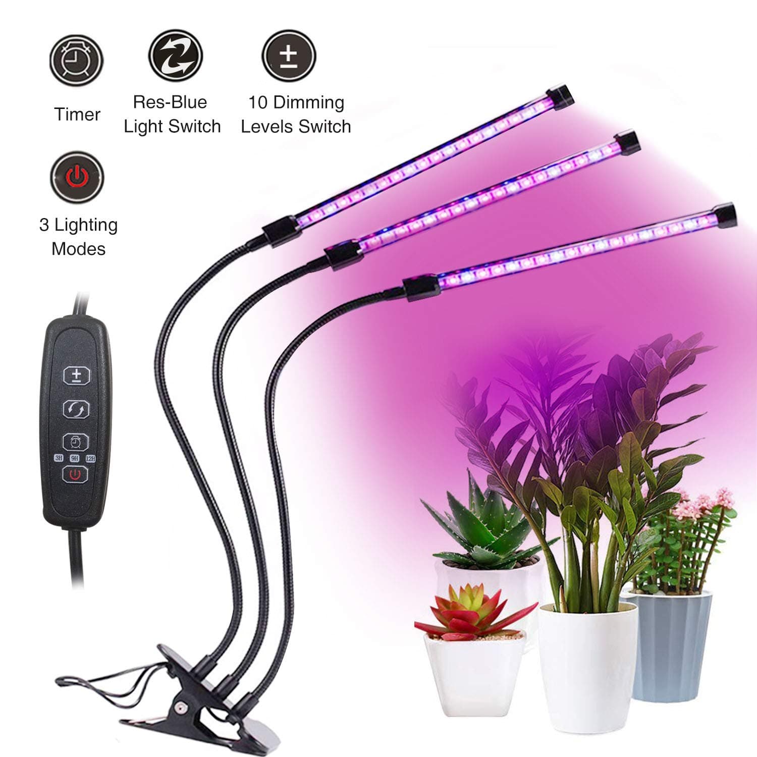 YEESON 27W Plant Grow Light with Timed Function, 57 LED Plant Grow Lamps for Indoor Plants with Red, Blue Spectrum,3-Head Divide Control Adjustable Gooseneck and 3/9/12H Timer, 10 Dimmable Levels