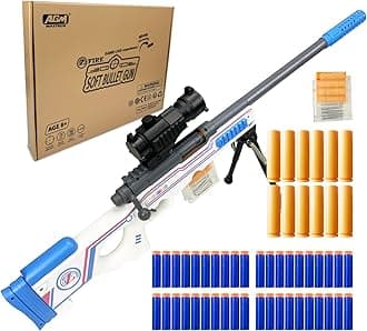 AWM Shell-Throwing Blaster Shot Gun, 40 Official Darts, 4-Dart Clip, 2 Magazines, Removable Stock, Barrel Extension, Blaster Toys Playset for Boys, Kids, and Adults (White)