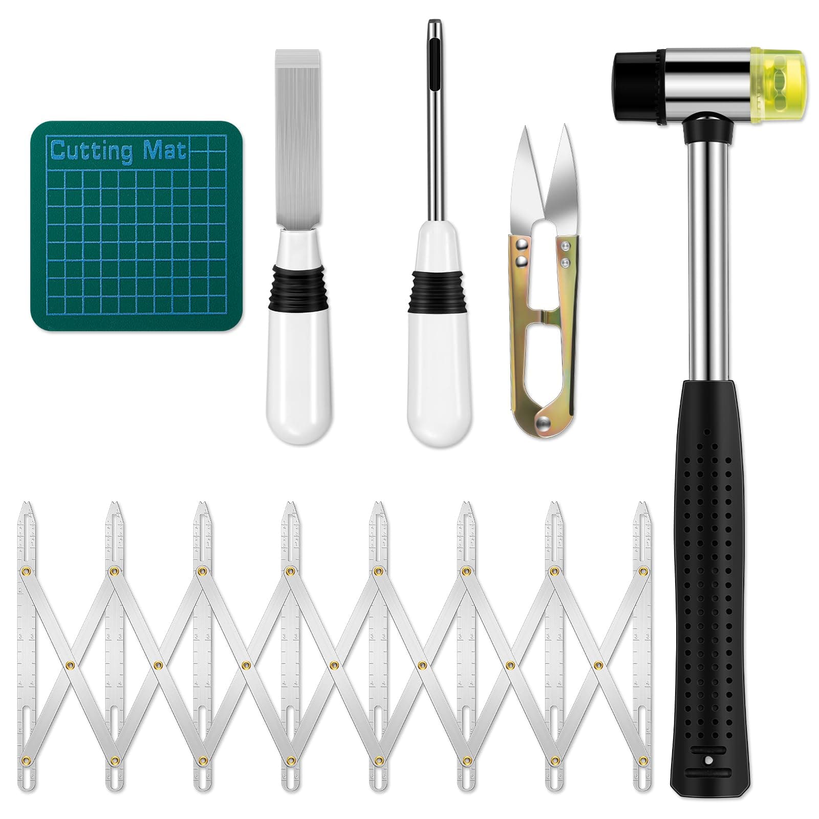 Anglechic 6 Pcs Sewing Buttonhole Cutter Set Including Button Sewing Tool Aluminum Gauge with Mat Yarn Scissors and Rubber Mallet for DIY Buttonhole and Eyehole