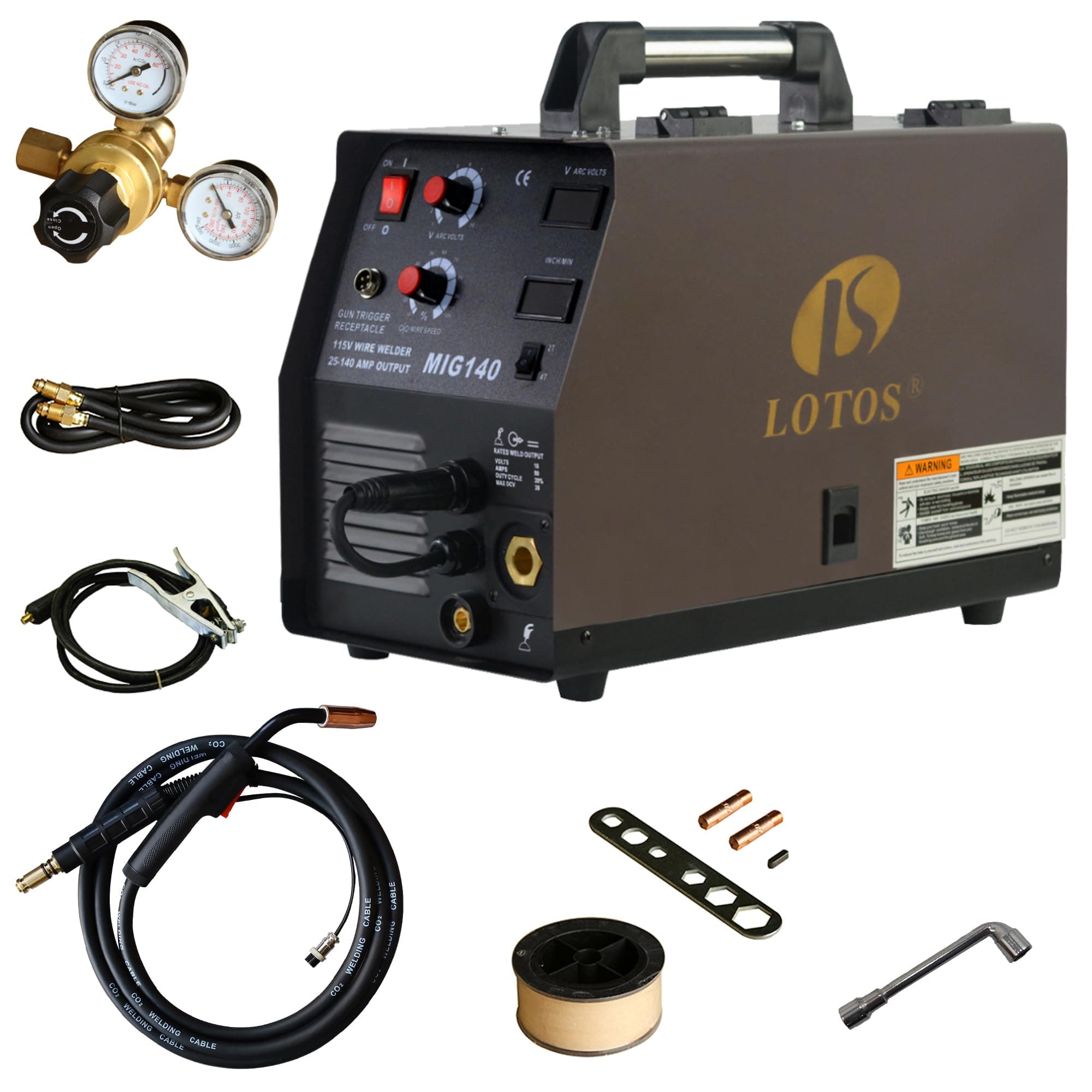 LOTOS MIG140 140A MIG Welder Advanced Auto MIG Synergistic Setting, Voltage Fine Tuning, Gas MIG Welding & Gasless Flux Core MIG Welding - Brown, 120V, Without Aluminum Spool Gun
