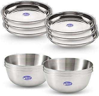 Set Of 6 Bowls & 6 Plates, Stainless Steel | Serving Dessert Curry Soup Bowls Wati Vati Katori | Small Rice Side Dishes | Kitchen & Dining ,Solid, 200 milliliter