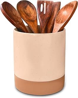 Ceramic Kitchen Utensil Holder - Wooden Spoon & Spatula Crock for Countertop, Modern Farmhouse Home Decor, Extra Large 7.3" Cooking Organizer for Stove Top and Counter - Heavy & Sturdy - Chai