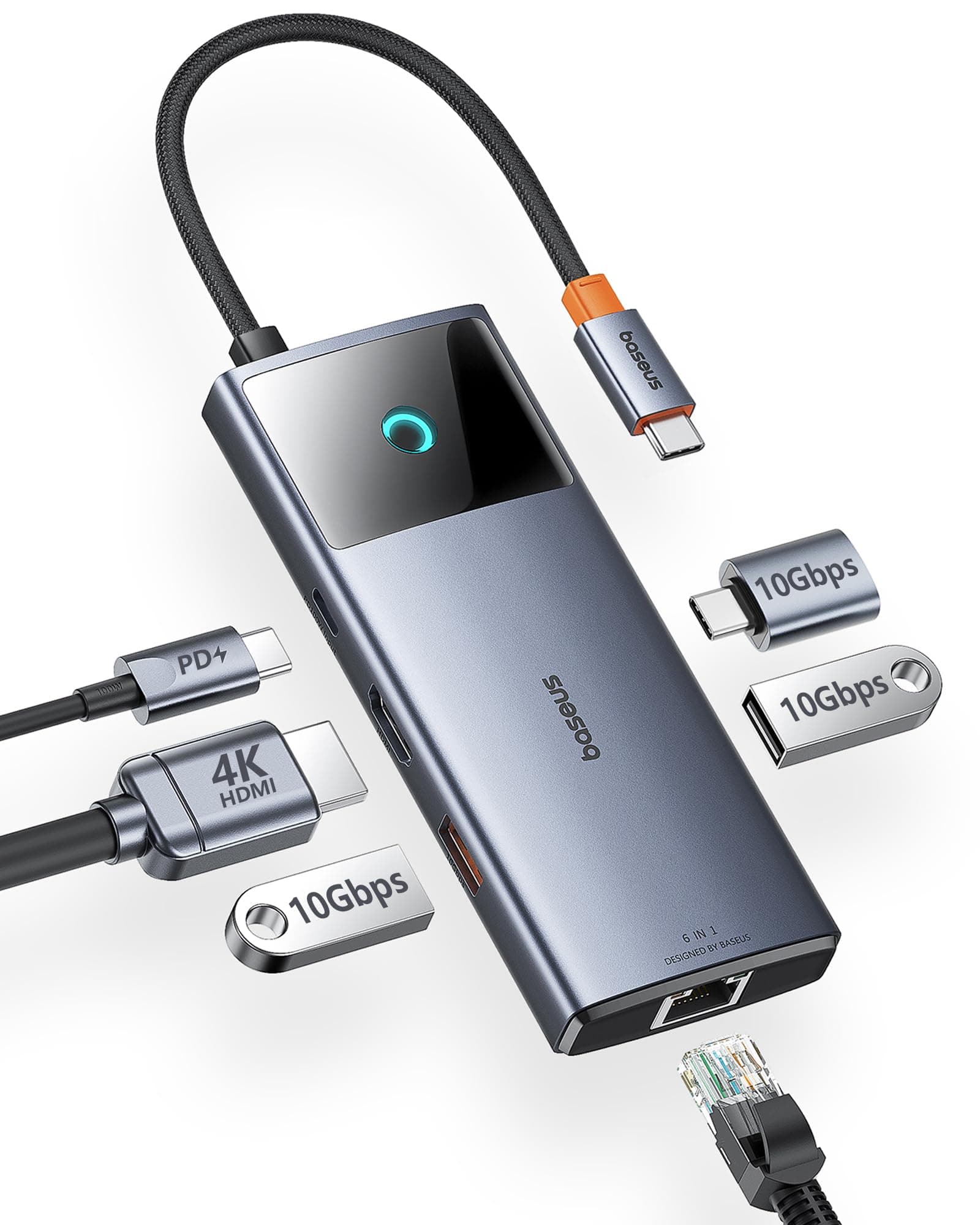Baseus 10Gbps USB C Hub, 3 USB A/C Data Ports, 4K@60Hz HDMI, Gigabit Ethernet, 100W PD, 6 in 1 USB C Docking Station Compatible for iPhone 15/Dell/HP/Mac/iPad/Microsoft/Steam Deck