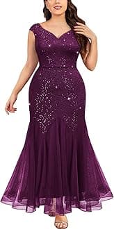 Miusol Women's Plus Size Sequins Lace Tulle Mermaid Hem V-Neck Sleeveless Formal Evening Party Maxi Dress