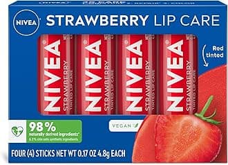Strawberry Lip Care, Red Tinted Lip Balm Pack with Shea Butter, Nourishing Oils and Vitamin C & E, 3-in-1 Moisture, Repair and Color, 0.17 Oz Stick, Pack of 4