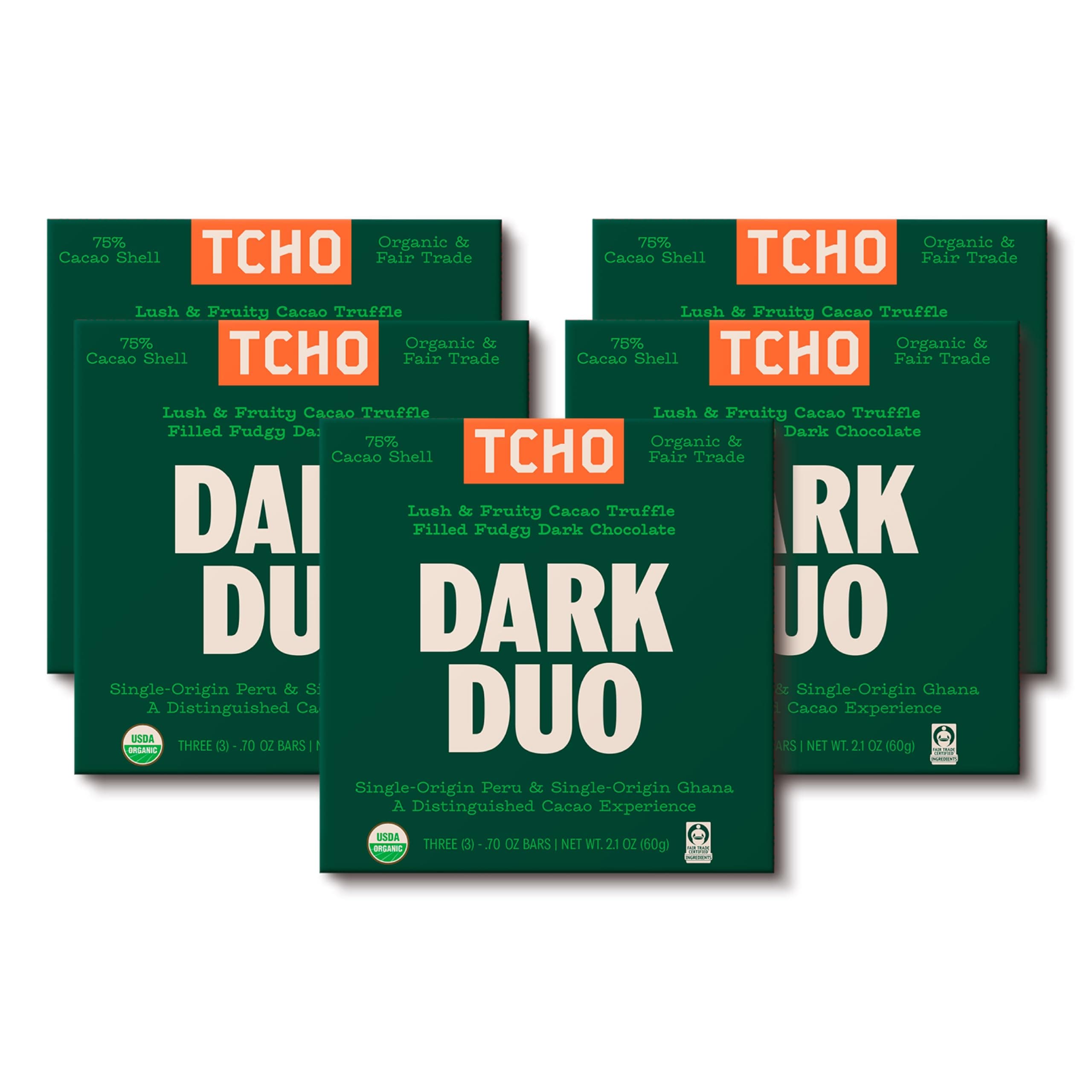 Dark Duo 75% Dark Chocolate Bars (5 pack) | Plant Based, Organic & Fair Trade | Non GMO, Non-Dairy, Vegan Chocolate, Soy Free (2.1oz each)
