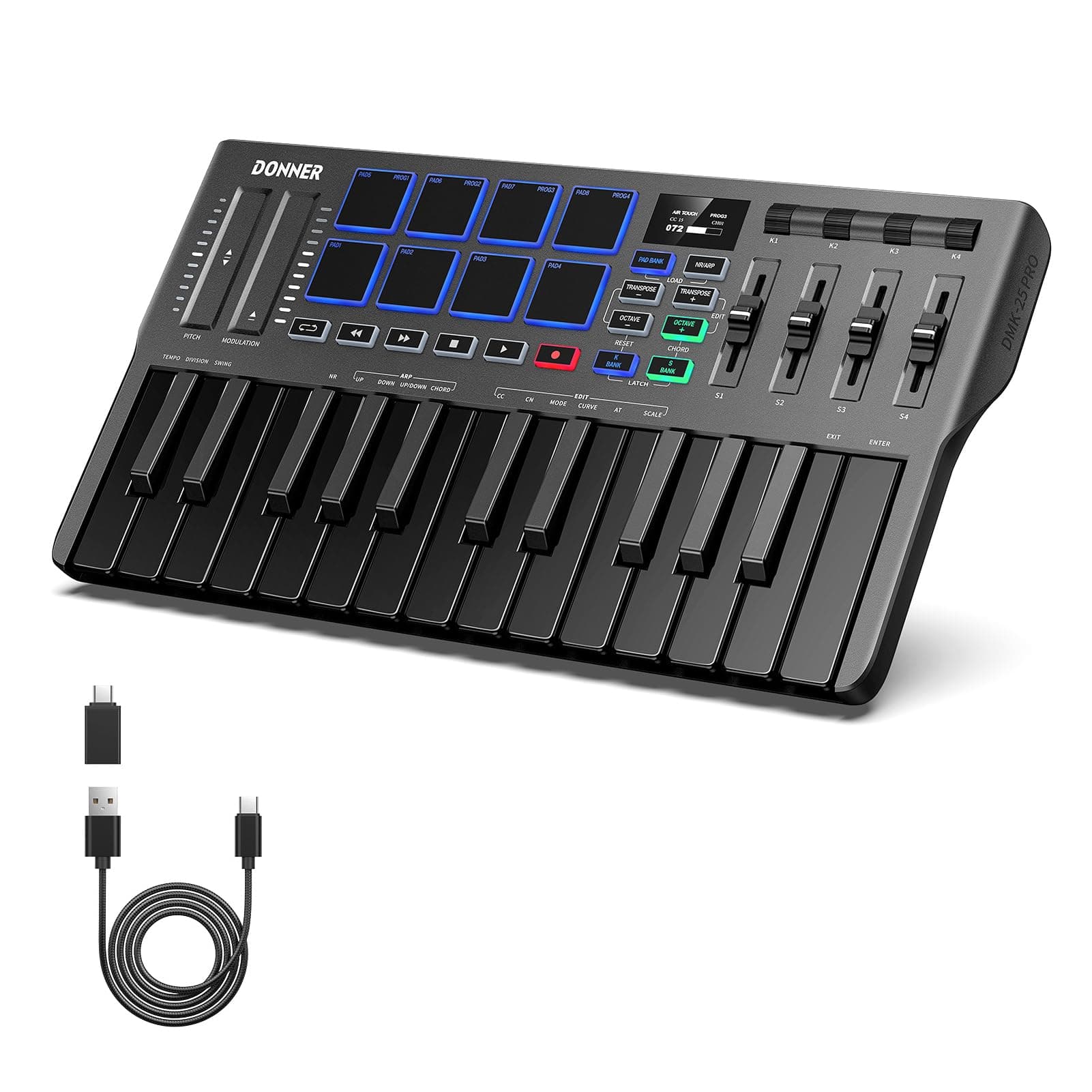 USB-C MIDI Keyboard Controller, 25 Key Portable Mini MIDI Keyboard with 8 Drum Pads, OLED Display, 16 Smart Scales, Arpeggio, Replay, 4 DAW Software and 40 Teaching Courses, DMK 25 Pro Black
