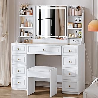 43" Makeup Vanity Desk with Mirror and Lights, & Power Outl, Glass Top Big Vanity Table with 9 Drawers& 8 Storage Shelves, Dressing Table Set with Chair for Bedroom, White
