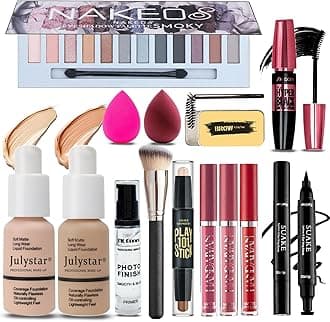 All in One Makeup Kit for Women Full Kit, 12 Colors Eyeshadow, Foundation & Primer, Lipsticks, Eyeliner, Mascara, Contour Stick, Brow Soap, Makeup Brush & Sponge, Make Up Gift Set for Women, Teens