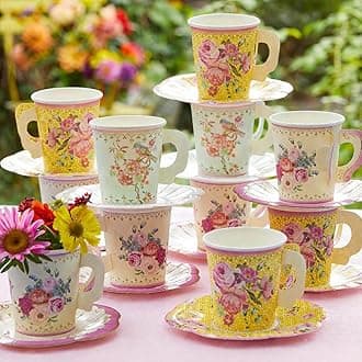 Pack of 24 Vintage Floral Cup & Saucer Afternoon Tea Set, Truly Scrumptious Disposable Tableware for Birthday or Garden Party, Baby Shower, Wedding, TRULYCUPSET24