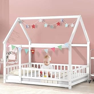 Tatub Full House Bed for Kids, Montessori Bed with Railings for Children Floor Bed Frame with Roof, Wood House Floor Bed, Full-White