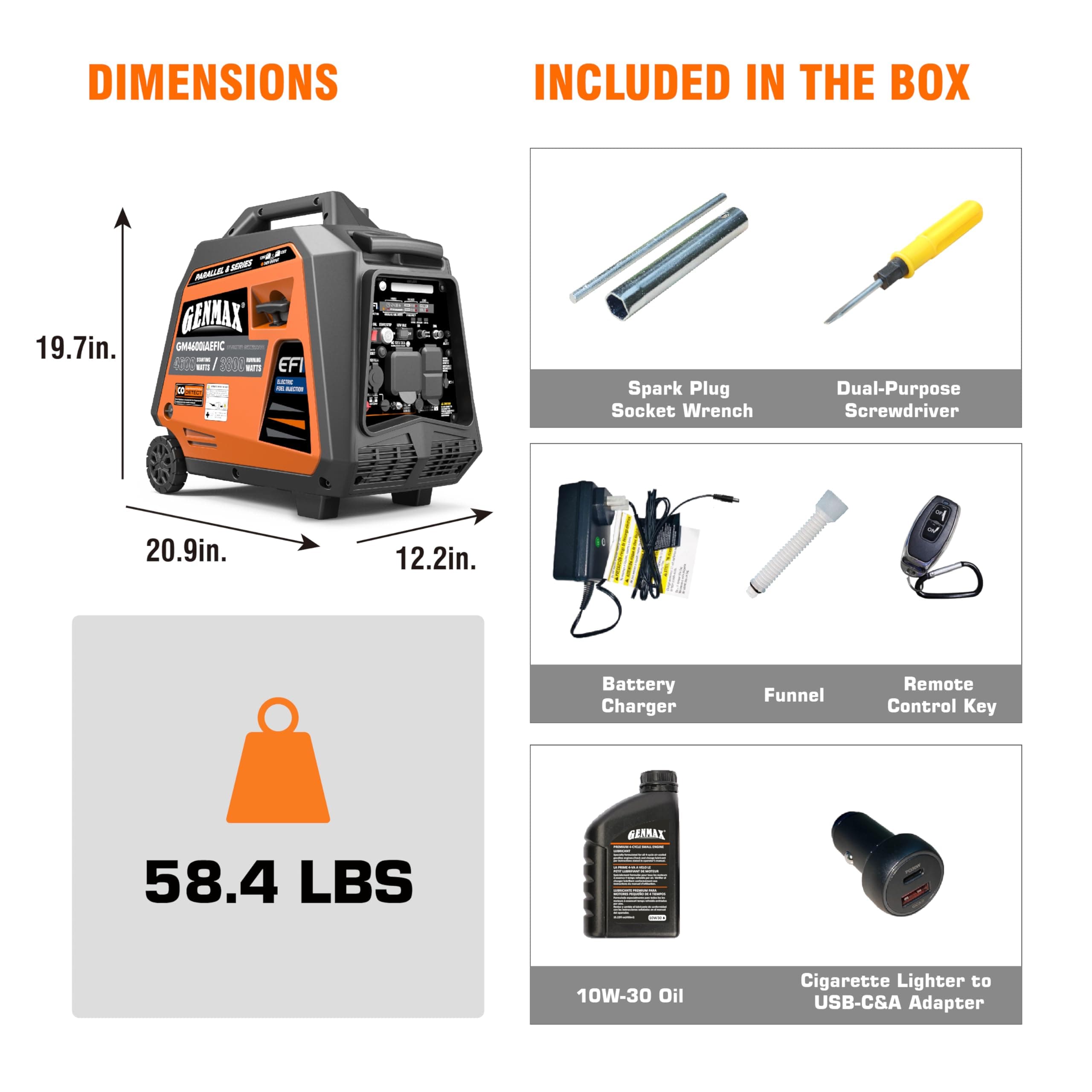 GENMAX Fuel Injection Generator, 4600W ultra-quiet 159cc engine with Parallel and Series Capability, Electric & Remote Start with CO Alert and LED light digital display,EPA Compliant(GM4600iAEFIC)