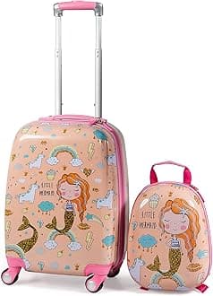 HONEY JOYKids Luggage, 12” Travel Backpack & 18” Hard Shell Toddler Suitcase, Children Rolling Luggage with Wheels, Retractable Handle & 4 Casters, 2Pcs Carry On Luggage Set for Boys Girls(Mermaid)