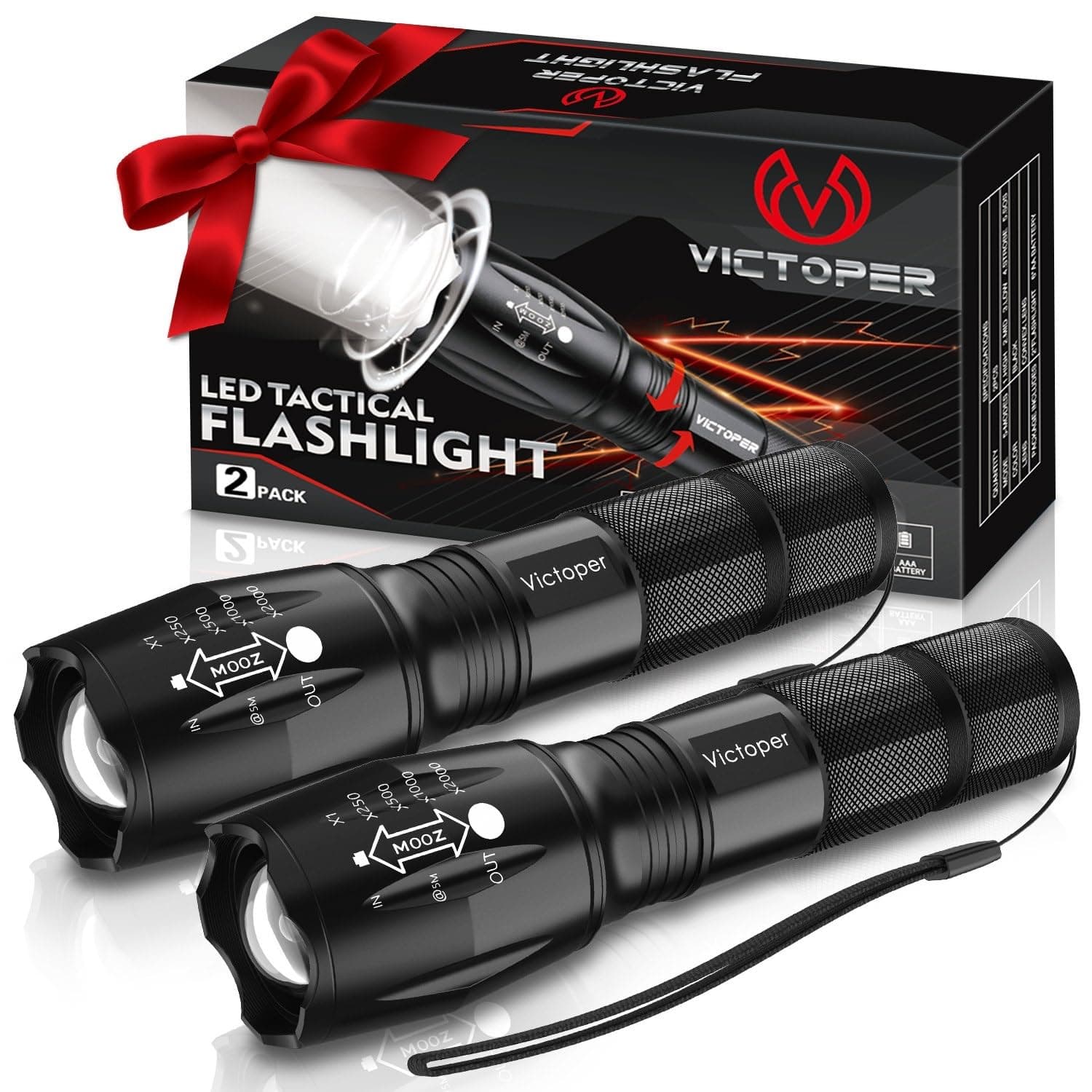 Victoper 2 Pack Bright Tactical Torch High Lumen LED Flashlight 5 Modes Waterproof Zoomable Flashlight Outdoor Camping Essentials
