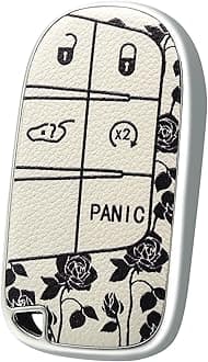 EnerCharge TPU and Leather Key Fob Cover Full Protection Suitable for Dodge,Key Cover Case for Jeep Grand Cherokee Renegade Compass 3 4 5 Buttons (White Rose)