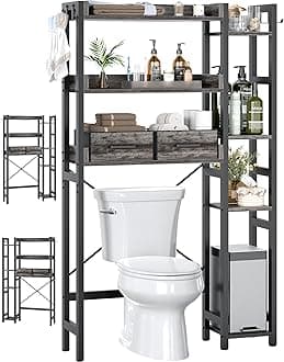 Over The Toilet Storage with 2 Drawers - 7 Tier Bathroom Organizer with Adjustable Shelf, Freestanding Space Saver Storage Rack Above Toilet Stand with 4 Hooks for Restroom, Laundry, Grey Oak