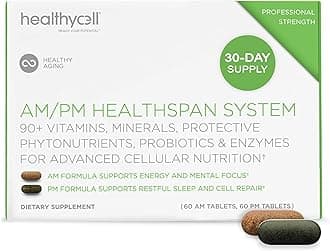 HealhtyCell AM/PM Healthspan System - 90+ Vitamins, Minerals, Protective Phytonutrients, Probiotics & Enzymes for Advanced Cellular Nutrition - 60 AM Tablets & 60 PM Tablets