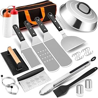 HaSteeL 16PCS Griddle Accessories Set, Stainless Steel Flat Top Grilling Tools Kit with Enlarge Spatula Scraper Basting Cover Burger Press for Outdoor Barbecue Teppanyaki Cooking, ABS Handle