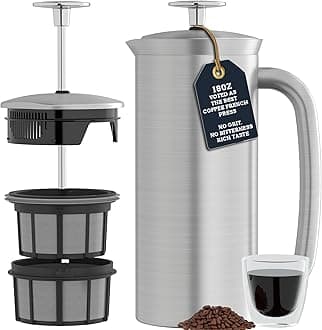 P7 Brushed Stainless Steel French Press 304 – Patented Double Walled Micro-Filter Insulated French Press Coffee Maker, Grit-Free Brew - Heat Resistant BPA Free (18oz)