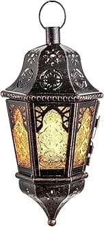 DECORKEY Candle Lantern Decorative Indoor & Outdoor, Vintage Hanging Lanterns for Home, Front Porch, Patio Decor, Metal Christmas, Halloween Candle Holder, Bronze