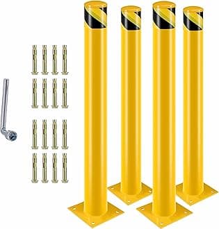 Safety Bollard, 48-Inch Tall Steel Safety Bollard with 4.5-Inch Diameter, Yellow-Painted Steel, Equipped with 16 Anchor Bolts for Stability,Ideal for Traffic-Sensitive Zones(48inch 4 PCS).